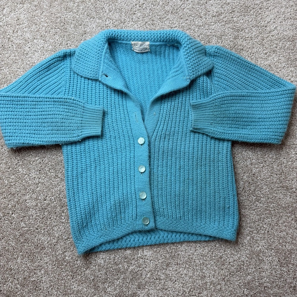 Vintage Carol Brent Cardigan Sweater Womens Small Blue Collared Chunky-Knit